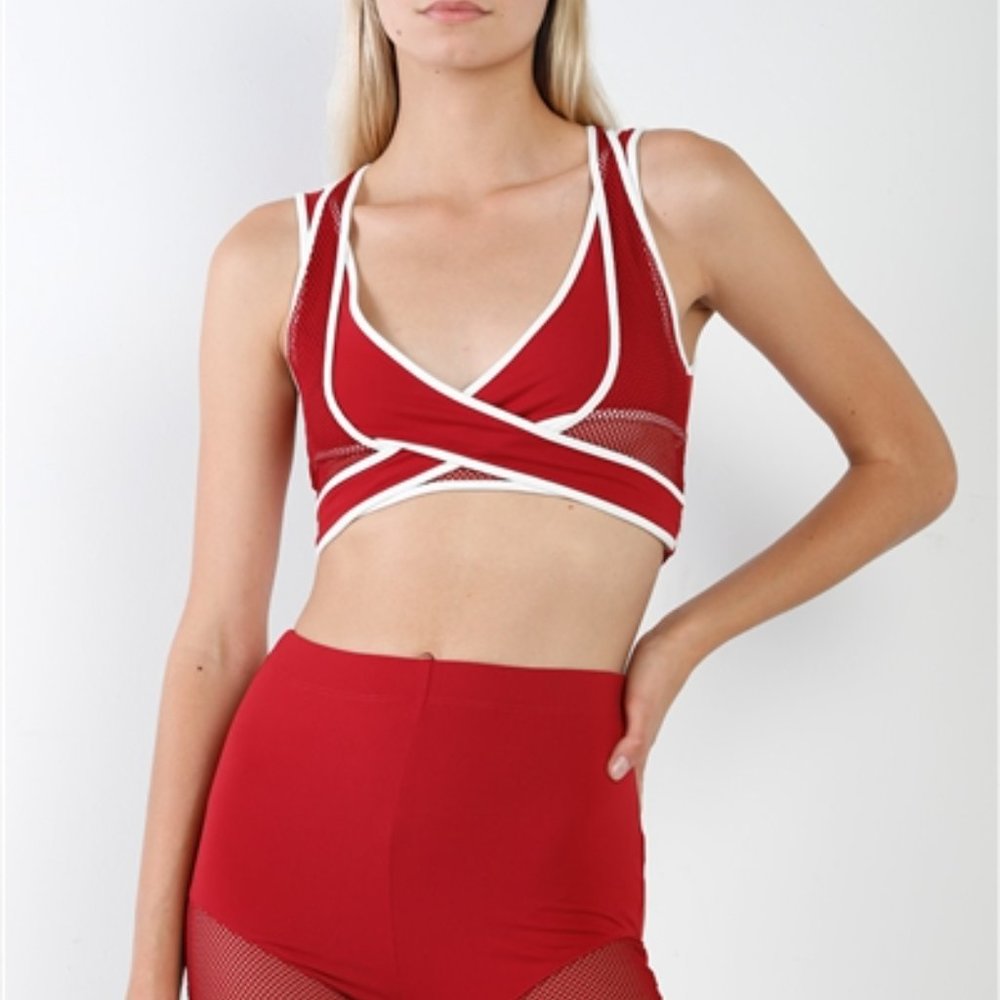 Red Combined Sheer Net Mesh  Overlapping Racer Back Sports Bra Crop - Picture 3 of 3